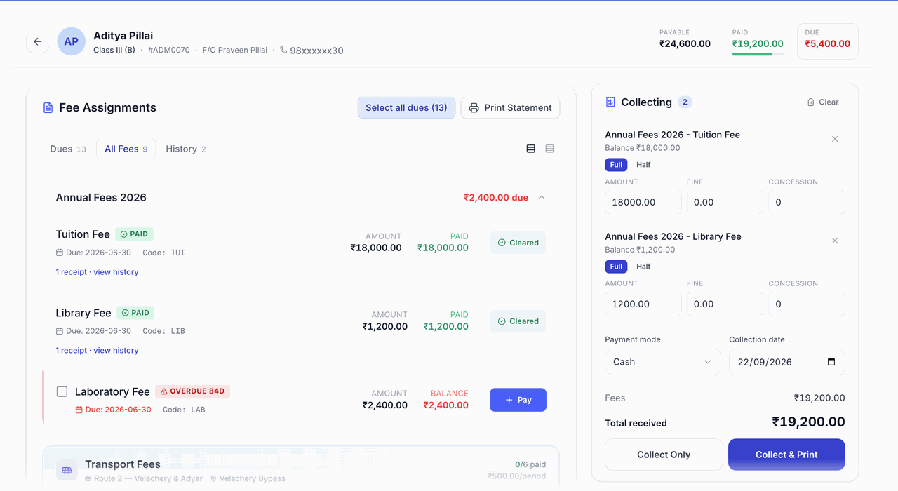 Fee collection screen for a student showing 24,600 rupees payable, 19,200 paid and 5,400 due, with tuition and library fees marked paid, an overdue laboratory fee, and a collecting panel totalling 19,200 rupees ready to collect and print.